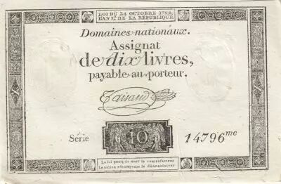 France 10 Livres - Filigrane R�publique - Sign. Taisaud - 24-10-1792 - S�rie 14796