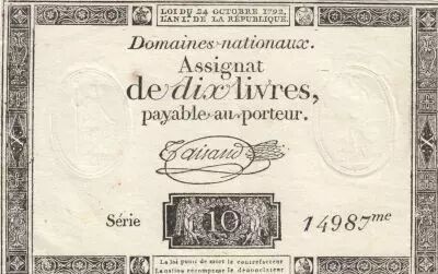 France 10 Livres - Filigrane R�publique - Sign. Taisaud - 24-10-1792 - S�rie 14987