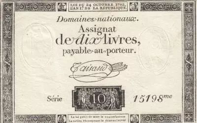 France 10 Livres - Filigrane R�publique - Sign. Taisaud - 24-10-1792 - S�rie 15198