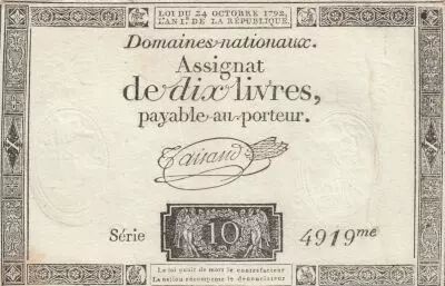 France 10 Livres - Filigrane R�publique - Sign. Taisaud - 24-10-1792 - S�rie 4919