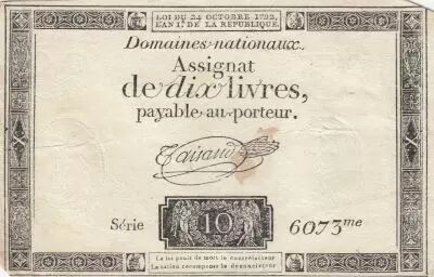 France 10 Livres - Filigrane R�publique - Sign. Taisaud - 24-10-1792 - S�rie 6073