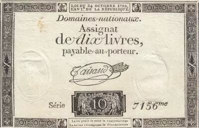 France 10 Livres - Filigrane R�publique - Sign. Taisaud - 24-10-1792 - S�rie 7156