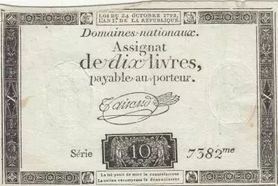 France 10 Livres - Filigrane R�publique - Sign. Taisaud - 24-10-1792 - S�rie 7382