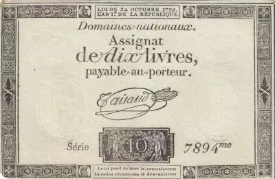 France 10 Livres - Filigrane R�publique - Sign. Taisaud - 24-10-1792 - S�rie 7894