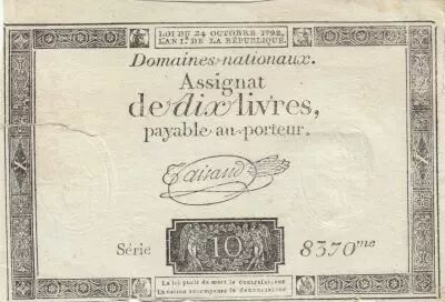 France 10 Livres - Filigrane R�publique - Sign. Taisaud - 24-10-1792 - S�rie 8370