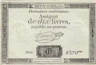France 10 Livres - Filigrane R�publique - Sign. Taisaud - 24-10-1792 - S�rie 8370