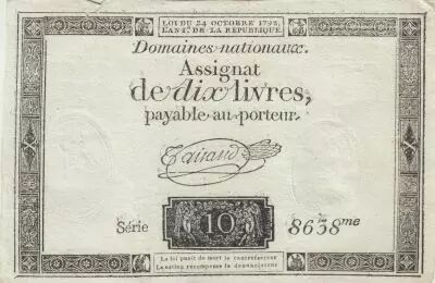 France 10 Livres - Filigrane R�publique - Sign. Taisaud - 24-10-1792 - S�rie 8638
