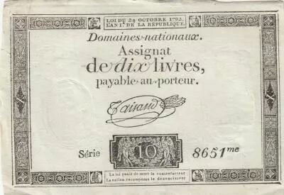 France 10 Livres - Filigrane R�publique - Sign. Taisaud - 24-10-1792 - S�rie 8651