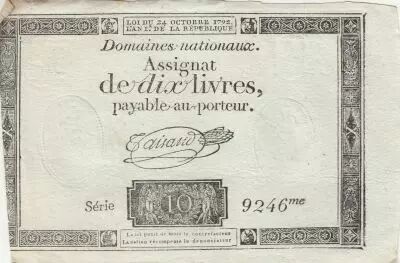 France 10 Livres - Filigrane R�publique - Sign. Taisaud - 24-10-1792 - S�rie 9246