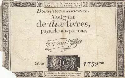 France 10 Livres - Watermark Fleur de Lys - 24-10-1792 - Sign. Taisaud - Serial 1759