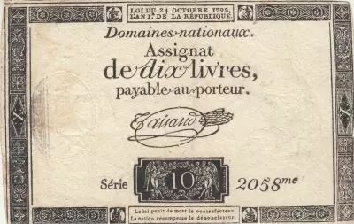 France 10 Livres - Watermark Fleur de Lys - 24-10-1792 - Sign. Taisaud - Serial 2058