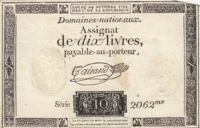 France 10 Livres - Watermark Fleur de Lys - 24-10-1792 - Sign. Taisaud - Serial 2062