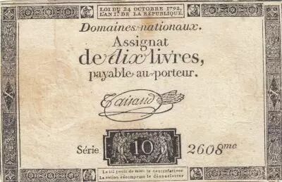 France 10 Livres - Watermark Fleur de Lys - 24-10-1792 - Sign. Taisaud - Serial 2608