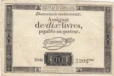 France 10 Livres - Watermark Fleur de Lys - 24-10-1792 - Sign. Taisaud - Serial 3205