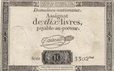 France 10 Livres - Watermark Fleur de Lys - 24-10-1792 - Sign. Taisaud - Serial 3302