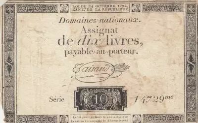France 10 Livres - Watermark Republique -  French Revolution - 24-10-1792 - Serial 14729