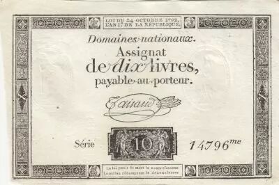 France 10 Livres - Watermark Republique -  French Revolution - 24-10-1792 - Serial 14796