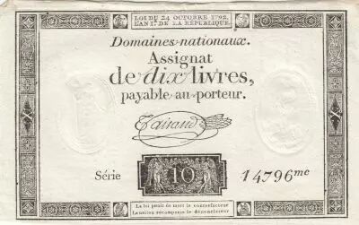 France 10 Livres - Watermark Republique -  French Revolution - 24-10-1792 - Serial 14796