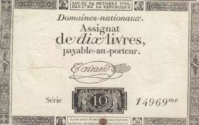 France 10 Livres - Watermark Republique -  French Revolution - 24-10-1792 - Serial 14969