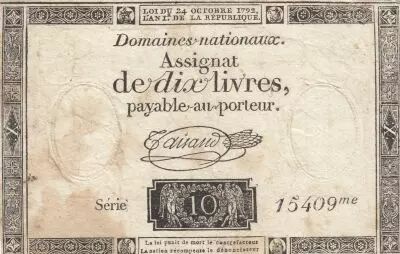 France 10 Livres - Watermark Republique -  French Revolution - 24-10-1792 - Serial 15409