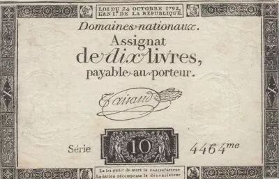 France 10 Livres - Watermark Republique -  French Revolution - 24-10-1792 - Serial 4464