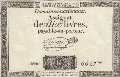 France 10 Livres - Watermark Republique -  French Revolution - 24-10-1792 - Serial 6627