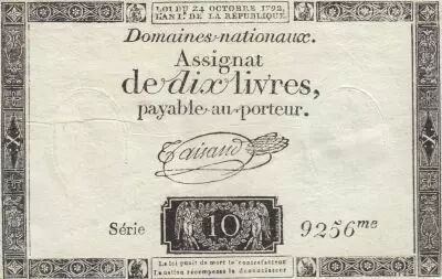 France 10 Livres - Watermark Republique -  French Revolution - 24-10-1792 - Serial 9256