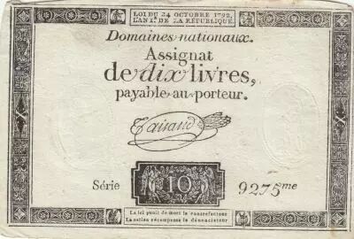 France 10 Livres - Watermark Republique -  French Revolution - 24-10-1792 - Serial 9275