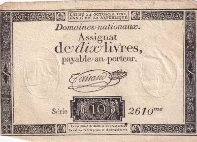France 10 Livres Black - Watermark Fleur de Lys - (24-10-1792) - Sign. Taisaud - Serial 2610