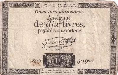 France 10 Livres Black - Watermark Fleur de Lys - (24-10-1792) - Sign. Taisaud - Serial 629