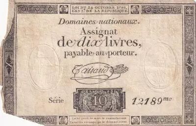 France 10 Livres Black on white Watermark Republique (24-10-1792) - Sign. Taisaud - Serial 12189