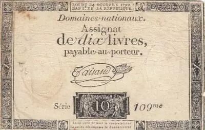 France 10 Livres Noir - Filigrane Fleur de Lys - (24-10-1792) - Sign. Taisaud - S�rie 109