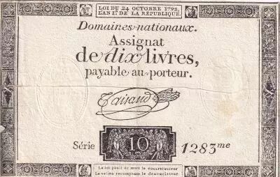 France 10 Livres Noir - Filigrane Fleur de Lys - (24-10-1792) - Sign. Taisaud - S�rie 1283 - L.161a