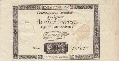 France 10 Livres Noir - Filigrane Fleur de Lys - (24-10-1792) - Sign. Taisaud - S�rie 15661