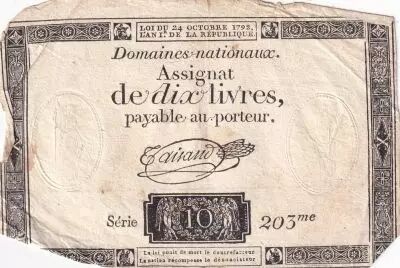 France 10 Livres Noir - Filigrane Fleur de Lys - (24-10-1792) - Sign. Taisaud - S�rie 203