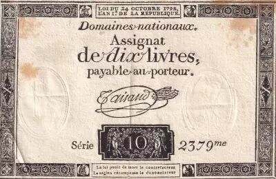 France 10 Livres Noir - Filigrane Fleur de Lys - (24-10-1792) - Sign. Taisaud - S�rie 2379 - L.161a