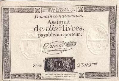 France 10 Livres Noir - Filigrane Fleur de Lys - (24-10-1792) - Sign. Taisaud - S�rie 2389 - L.161a
