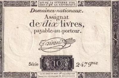 France 10 Livres Noir - Filigrane Fleur de Lys - (24-10-1792) - Sign. Taisaud - S�rie 2479 - L.161a