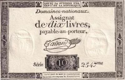 France 10 Livres Noir - Filigrane Fleur de Lys - (24-10-1792) - Sign. Taisaud - S�rie 2547- L.161a