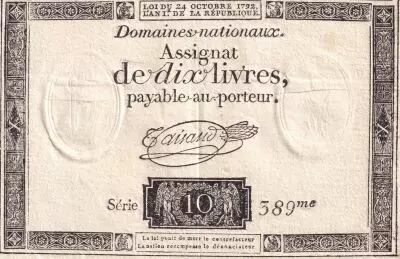 France 10 Livres Noir - Filigrane Fleur de Lys - (24-10-1792) - Sign. Taisaud - S�rie 389 - L.161a