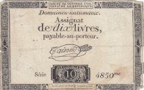 France 10 Livres Noir - Filigrane fleur de Lys - (24-10-1792) - Sign. Taisaud - Série 4850