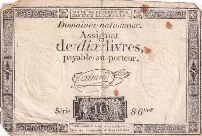 France 10 Livres Noir - Filigrane Fleur de Lys - (24-10-1792) - Sign. Taisaud - S�rie 86
