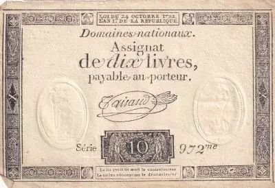 France 10 Livres Noir - Filigrane Fleur de Lys - (24-10-1792) - Sign. Taisaud - S�rie 972
