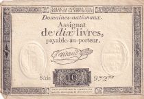 France 10 Livres Noir - Filigrane Fleur de Lys - (24-10-1792) - Sign. Taisaud - Série 972