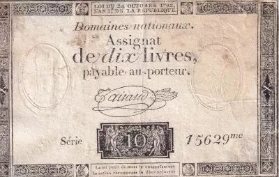 France 10 Livres Noir - Filigrane R�publique - (24-10-1792) - Sign. Taisaud - S�rie 15629 - L.161b