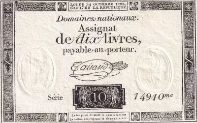 France 10 Livres Noir - Filigrane R�publique (24-10-1792) - SPL - Sign. Taisaud