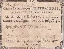 France 10 sols - Caisse patriotique d\'Entraigues, District de Vaucluse - 1792 - n&deg;922