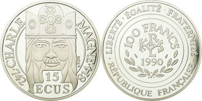 France 100 Francs  - 15 Ecus - Argent Charlemagne - 1990