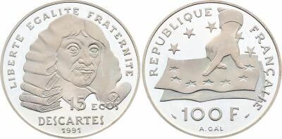 France 100 Francs  - 15 Ecus - Silver  Descartes - 1991