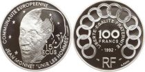 France 100 Francs  - 15 Ecus - Silver  Jean Monnet - 1992